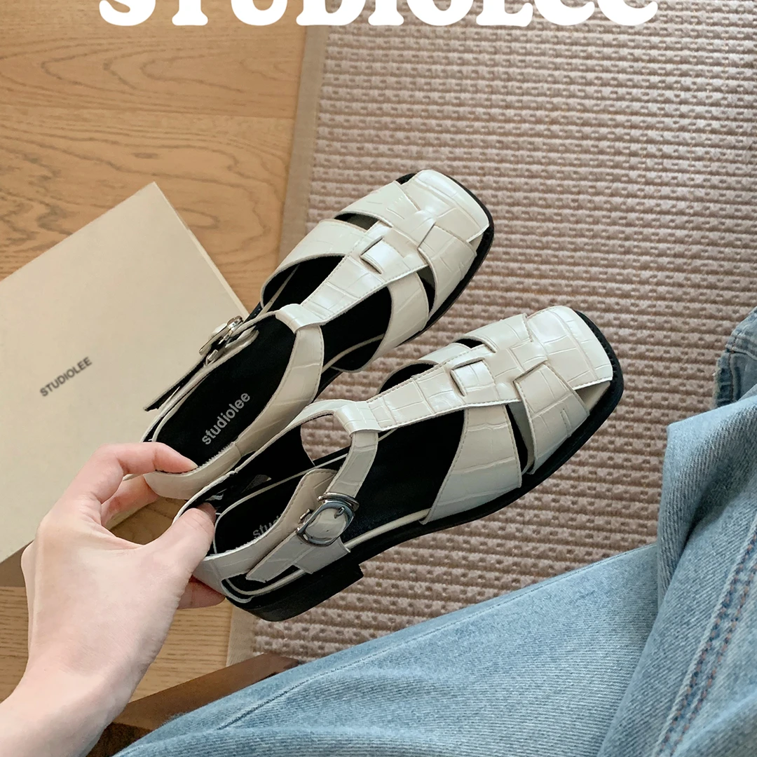 葡萄妈studiolee午后泰兰德~罗马风编织设计方头镂空小粗跟凉鞋女