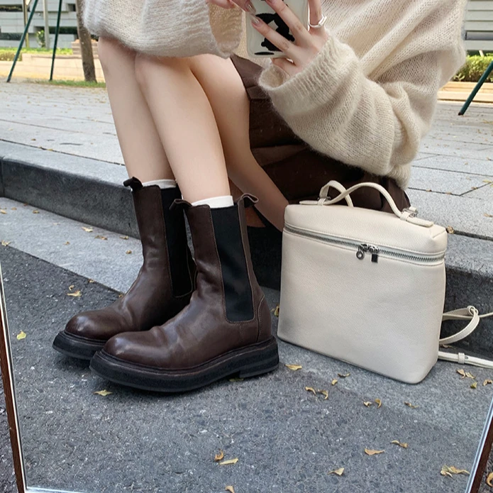 【下午福利款】 缩纹马皮整鞋水厚底中筒烟筒切尔西短靴女秋季