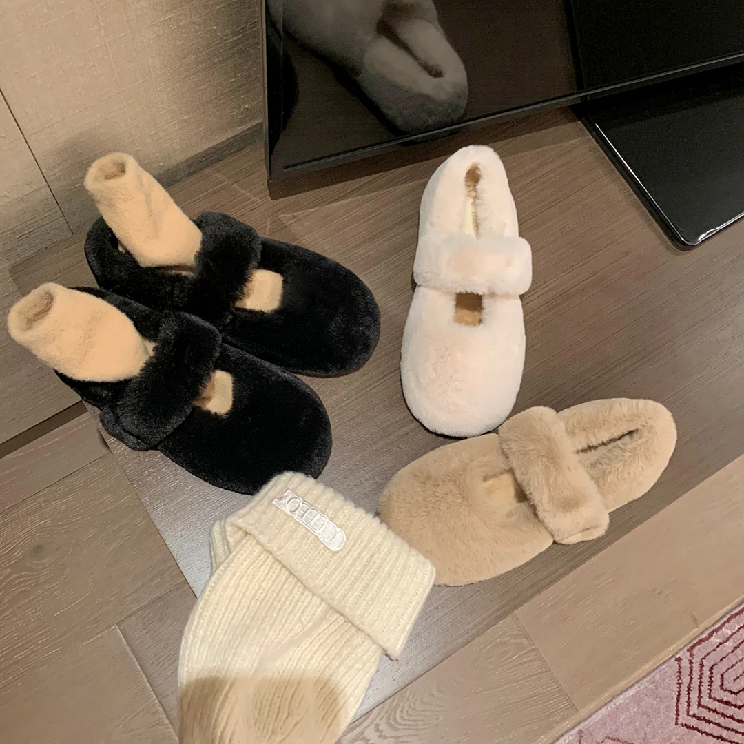 葡萄妈studiolee 冬季加绒保暖毛毛鞋外穿圆头豆豆单鞋女秋冬新款