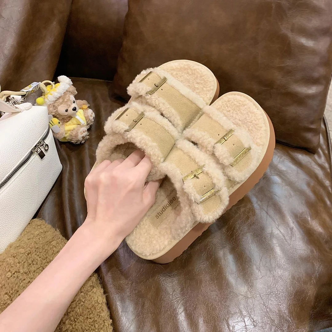 【5折】葡萄妈studiolee 保暖懒人厚底休闲风毛毛勃肯拖鞋秋冬