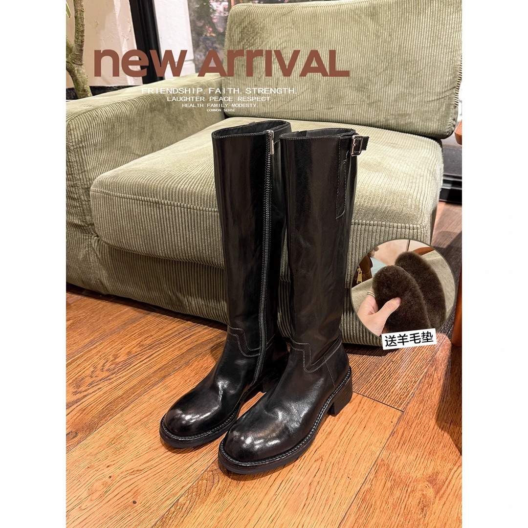 葡萄妈studiolee 高品质里外马皮侧扣拉链厚底粗跟显瘦长筒靴女