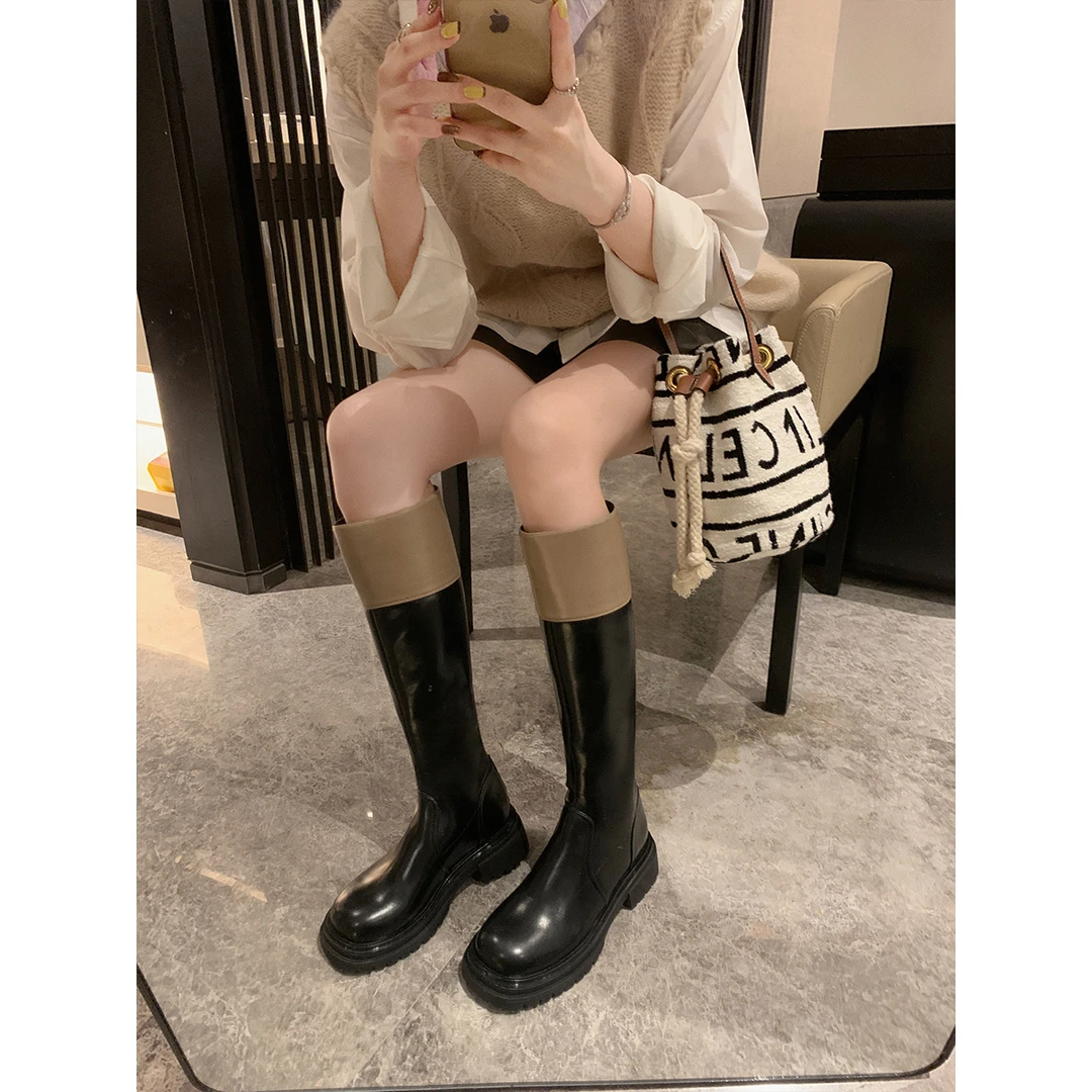 葡萄妈studiolee 拼色时装圆头厚底粗跟中长筒显瘦瘦骑士靴女秋冬