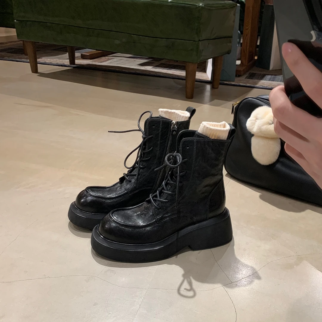 【一口价】葡萄妈studiolee 时髦增高粗跟厚底系带侧拉链马丁短靴女