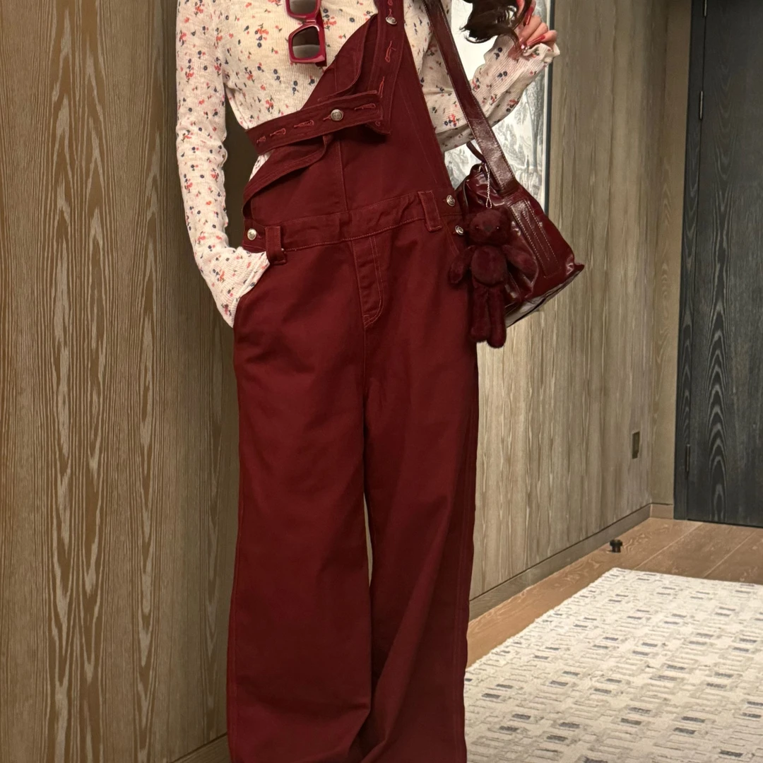 UNNT【红色马里奥】长裤秋季新款吸睛复古安哥拉红背带裤 K9430074H