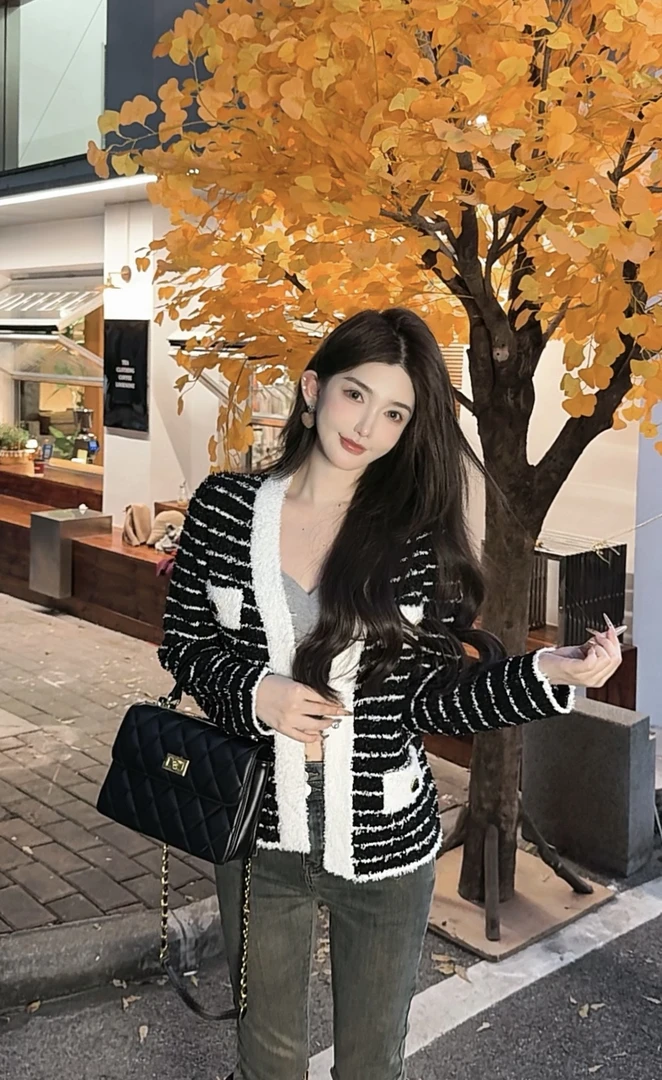 L GUIDI GUDI【罗马黄昏】时尚百搭休闲气质条纹长袖开衫外套 W9430