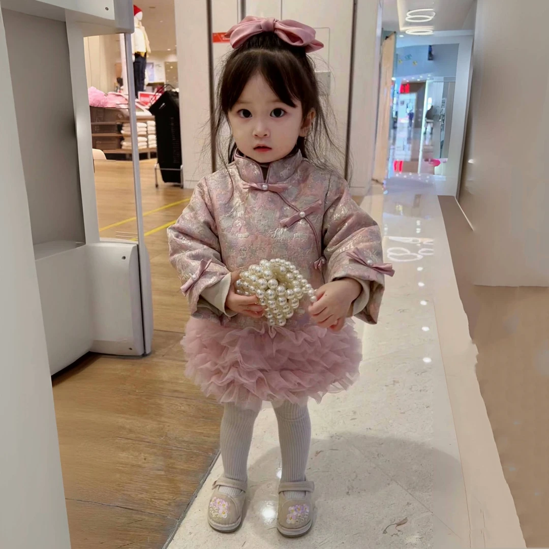 2023女童夹棉加厚双面唐装连衣裙新中式网纱旗袍裙儿童新年拜年服