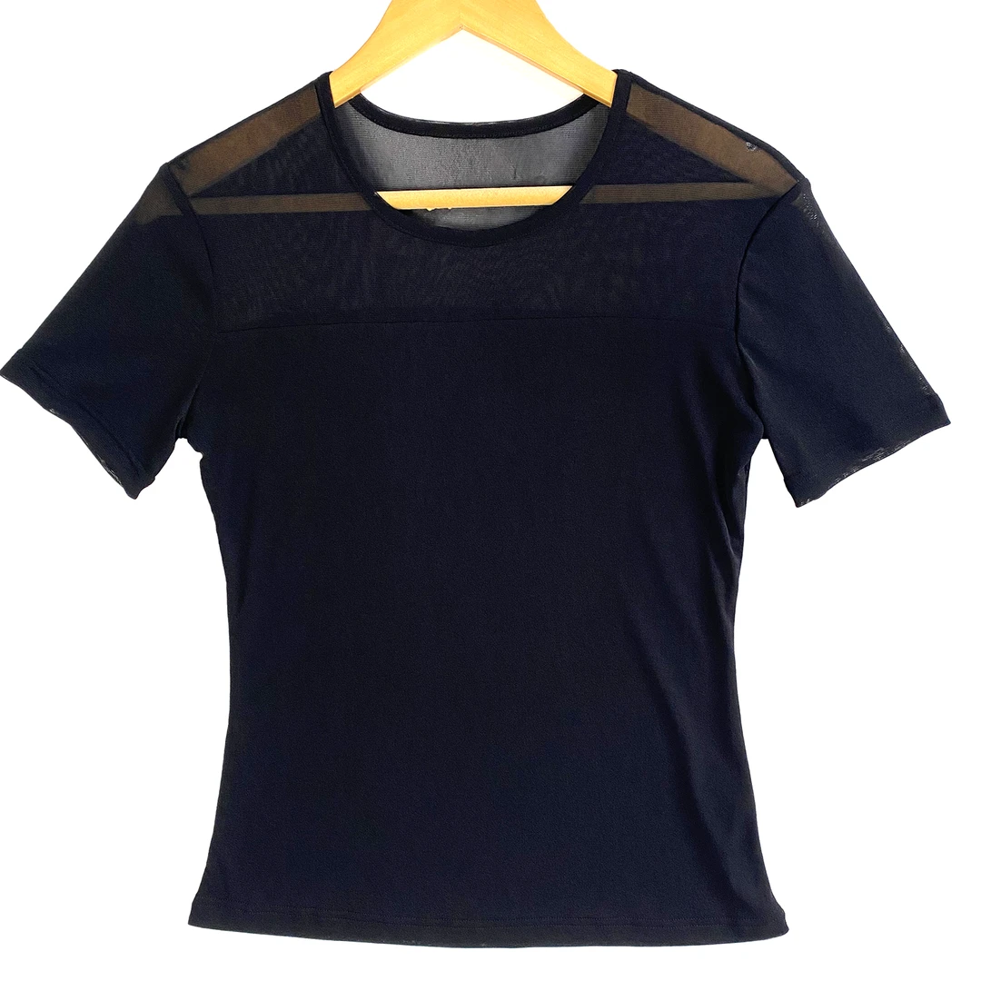 小董服饰0624夏款网纱时尚休闲百搭女士圆领舒适透气气质打底衫