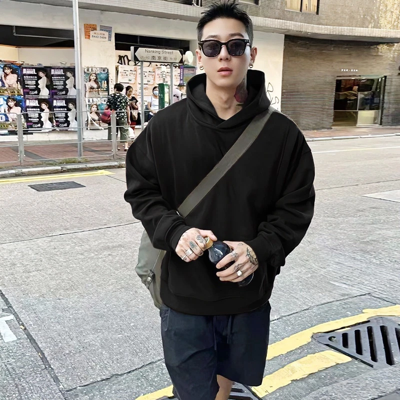 宽松复古hiphop痞帅纯色基础款连帽卫衣男秋冬季百搭加绒加厚外套