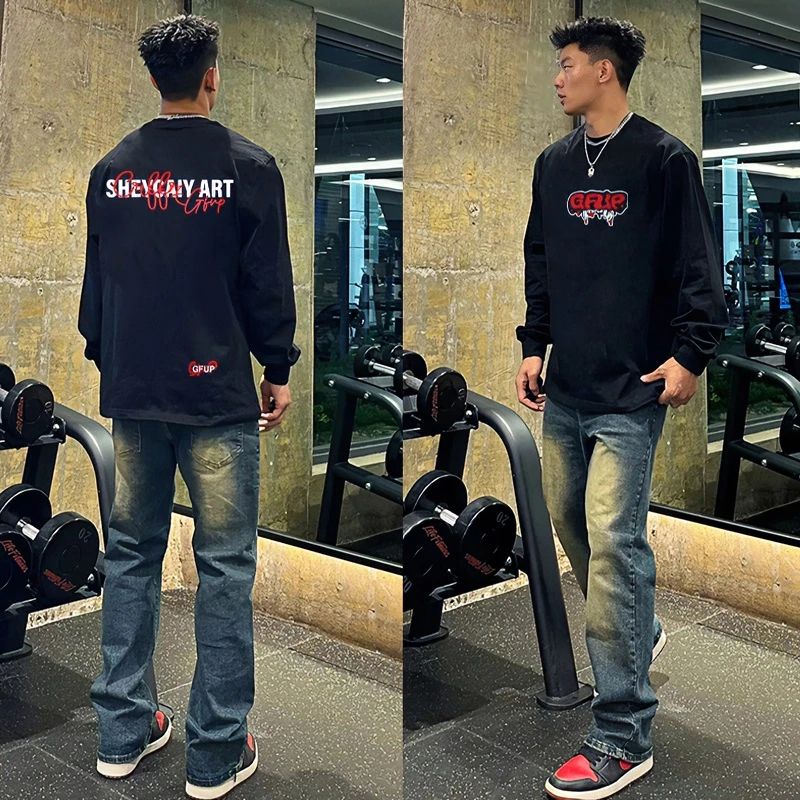 美式潮牌字母印花重磅长袖T恤男秋季百搭宽松休闲纯棉打底衫上衣