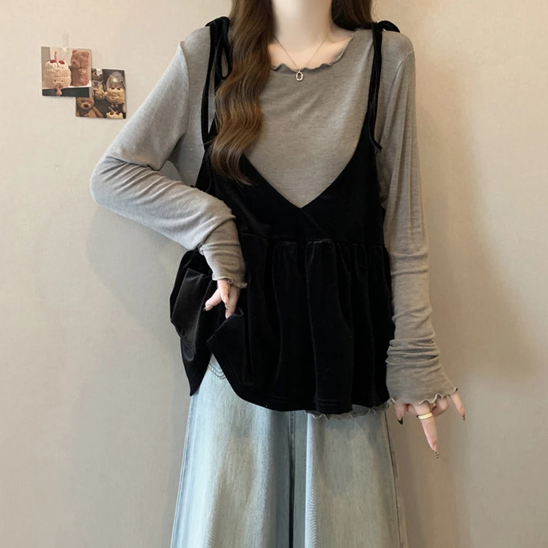 大码女装胖妹妹自留款~时尚百搭叠穿两件套女早秋宽松慵懒风上衣