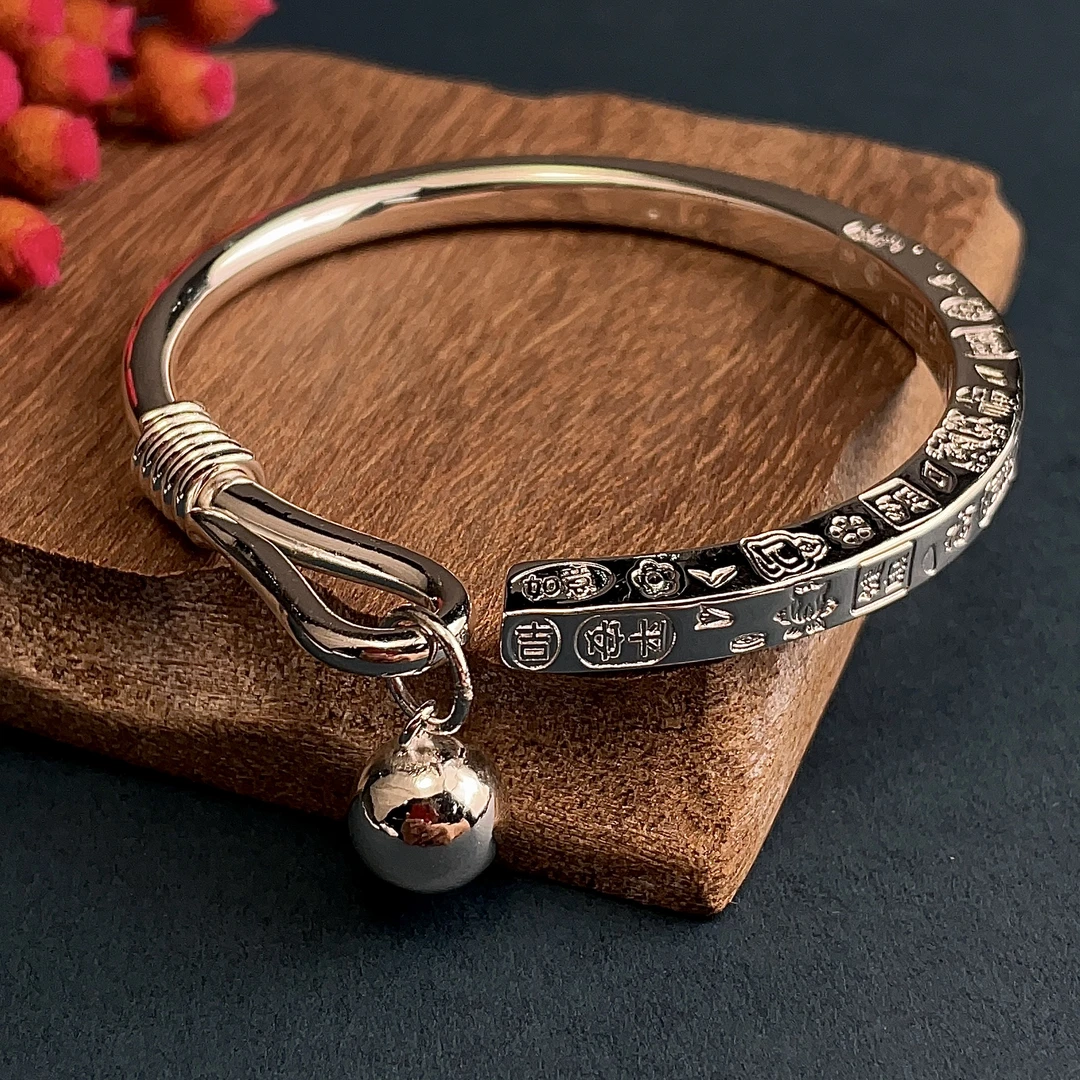足银手镯 【吉言吊小光铃】亮面开口足银999.9银镯百搭手工复古个性