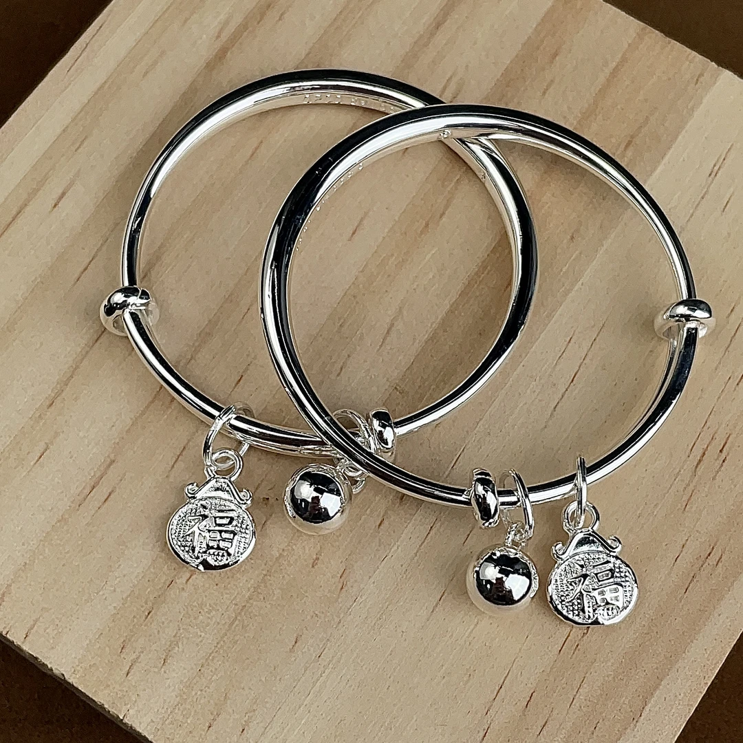 足银手镯 【福袋小光铃】亮面足银999.9推拉宝宝对镯可爱儿童光面