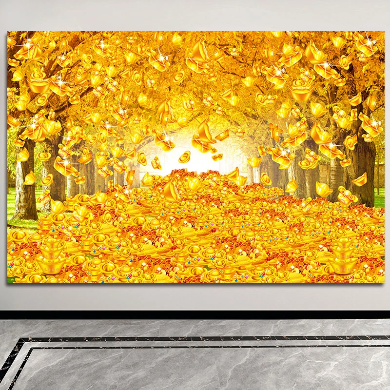 金玉满堂发财树挂画黄金满地招财进宝贴画中堂客厅风水装饰画自粘