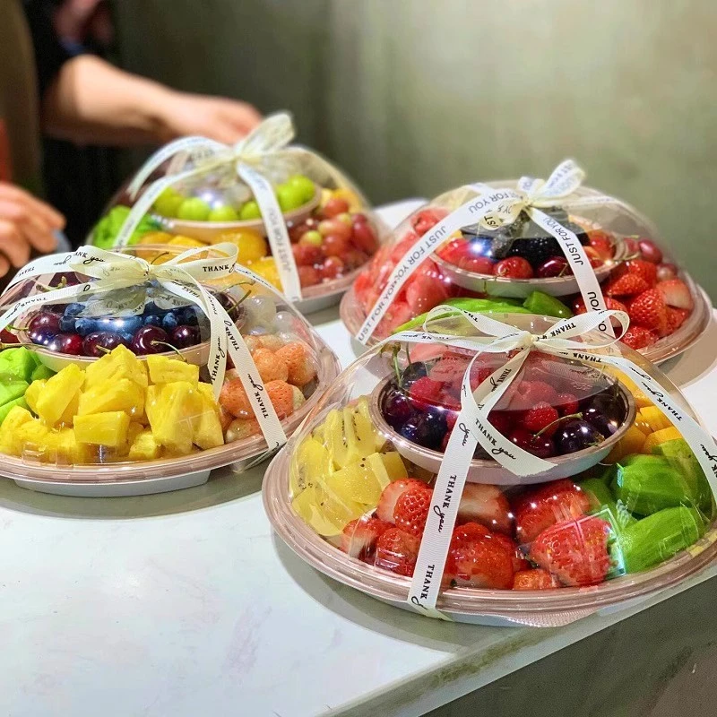 双层六分格水果果切拼盘塑料一次性果蔬包装盒圆形透明带盖鲜果盘