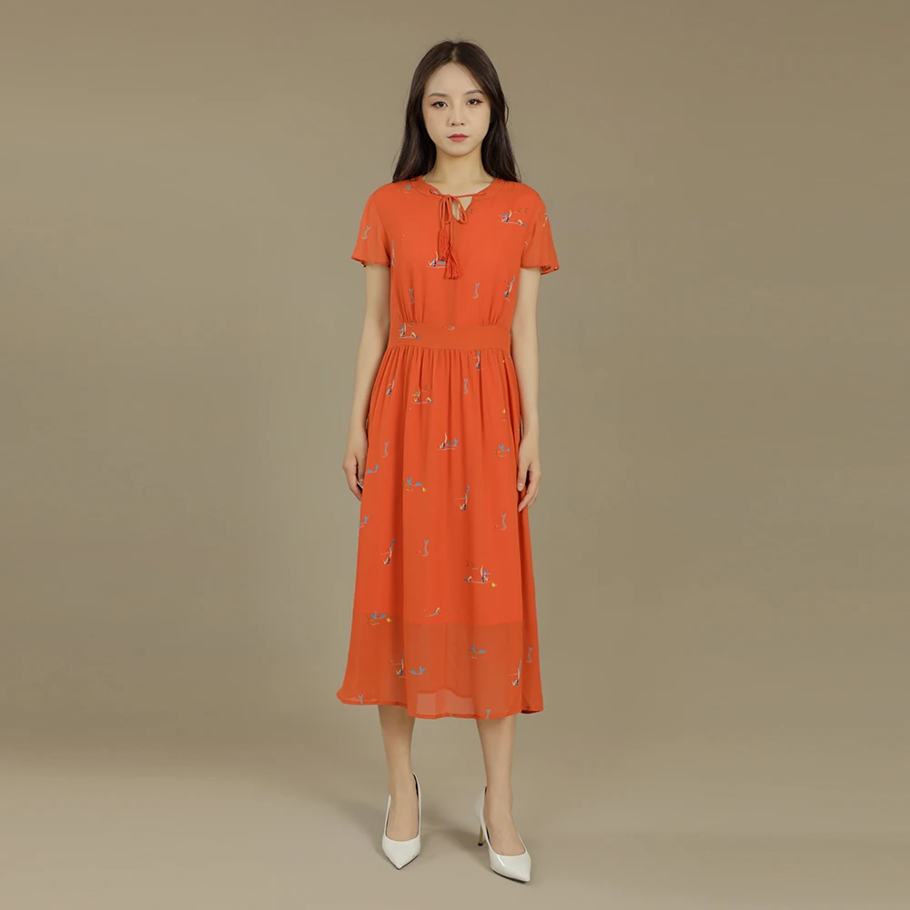 菲姿FEIZI夏季趣味印花连衣裙9B480 珊瑚橙底 珊瑚红底