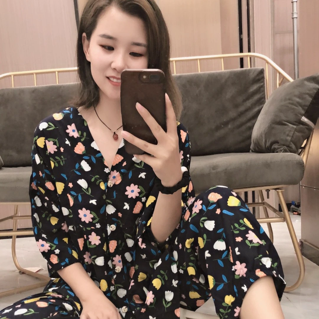 夏季绵绸空调服女睡衣春夏新款时尚大码宽松套装女士可外穿居家服