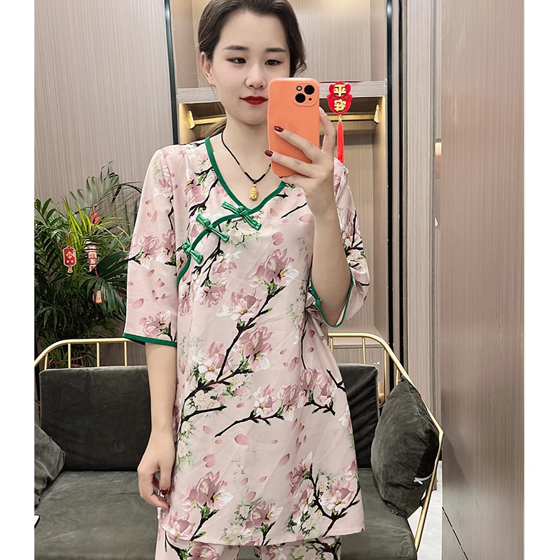 新款夏季新中式睡衣女夏夏季国风版空调服宽松套装女士薄款家居服