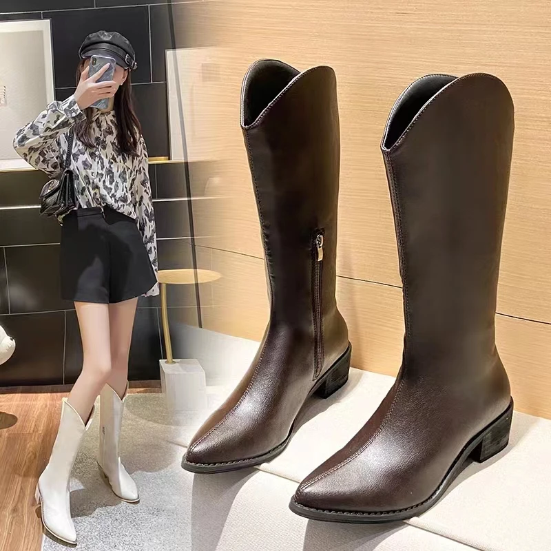 西部牛仔靴秋冬小个子时尚复古V口尖头中跟粗跟骑士靴长筒靴女