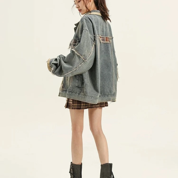 美式复古高街水洗做旧牛仔夹克男女款小众设计感毛边外套宽松