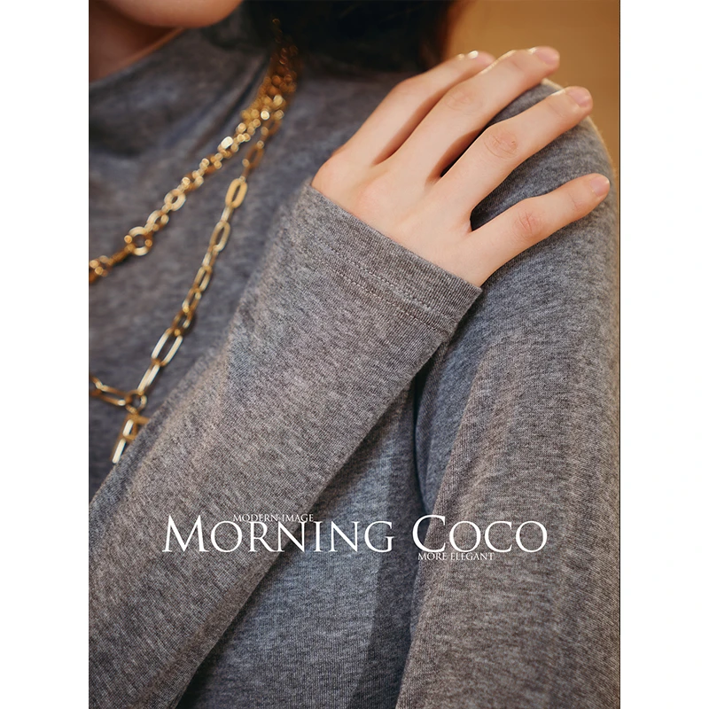 MORNINGCOCO 半高领女春季轻奢修身针织打底羊毛混纺灰色MC0119