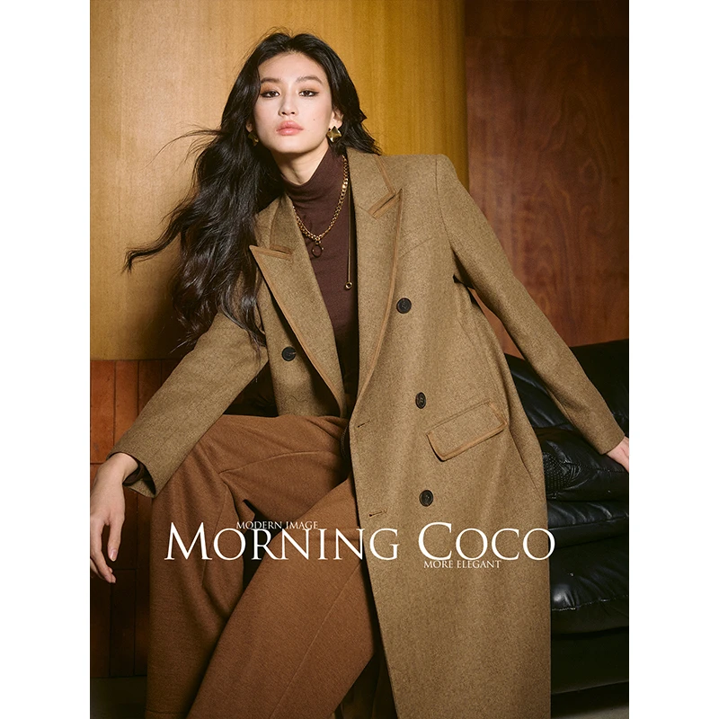 MORNINGCOCO 新款羊毛大衣女中长款复古人字纹西装领毛呢外套春季