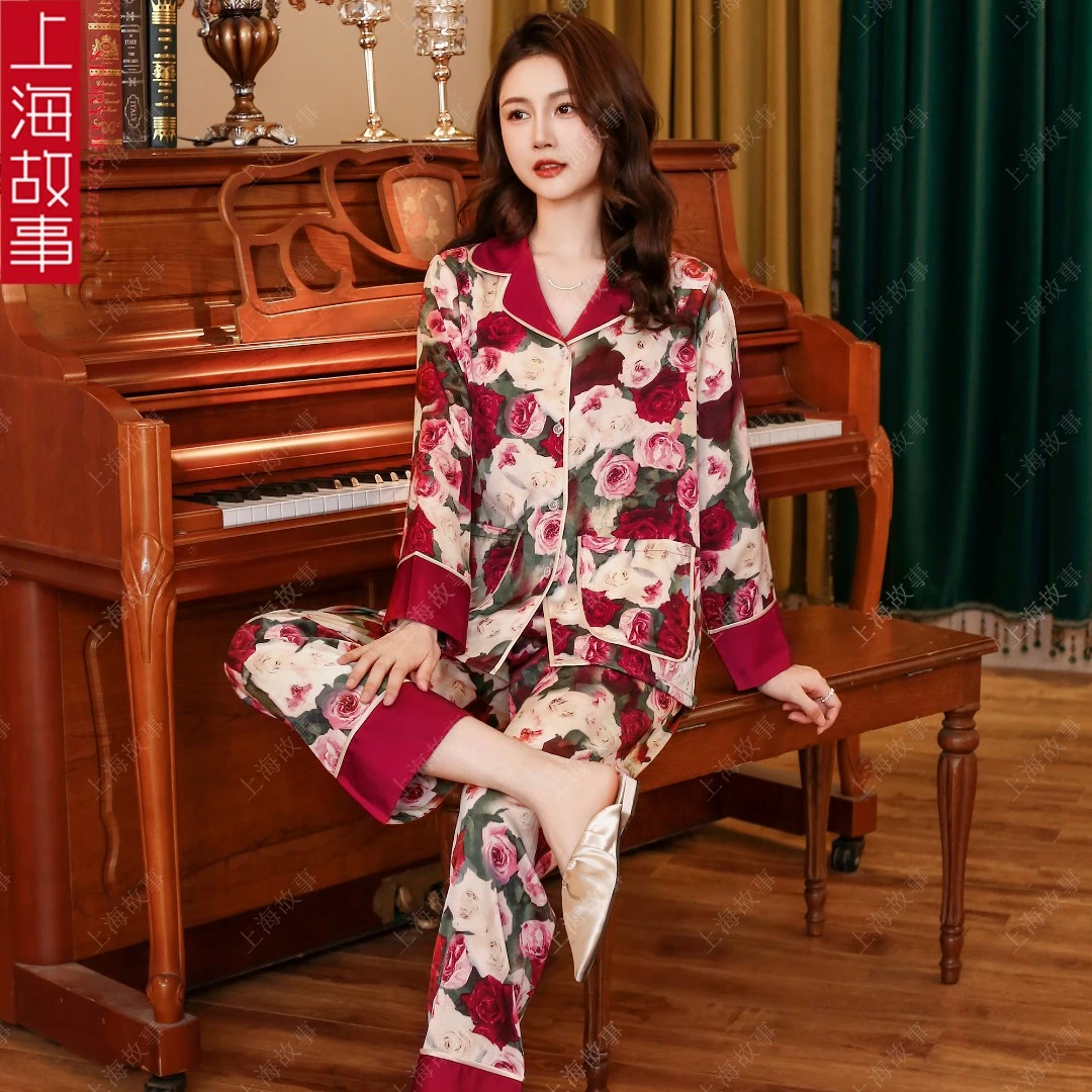 上海故事油画玫瑰2024春秋原创老上海风格睡衣女士宽松家居服长袖