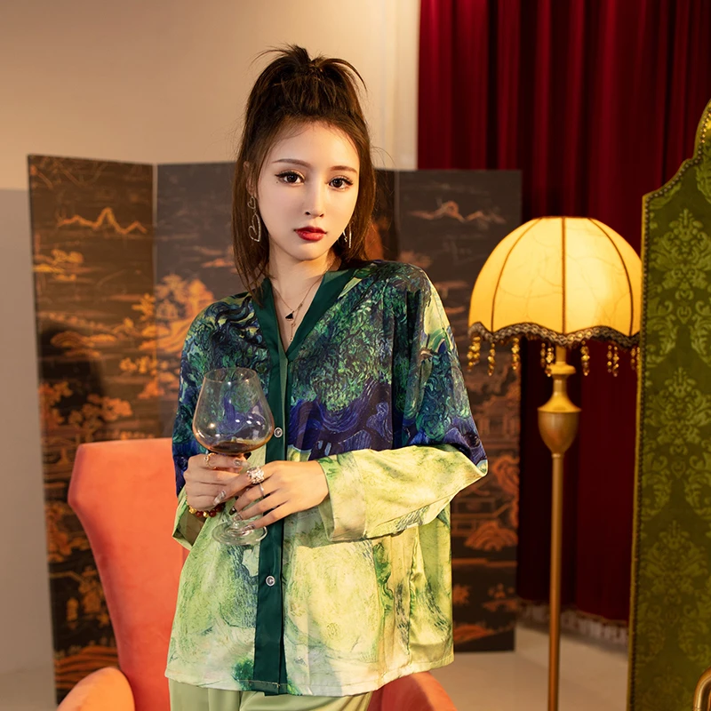 上海故事夏季爆款宽松蝙蝠袖套装水墨画气质睡衣时尚家居服套装