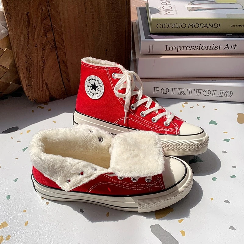 冬季新款大红色加绒高帮帆布鞋女保暖STAR匡威1970s百搭休闲板鞋