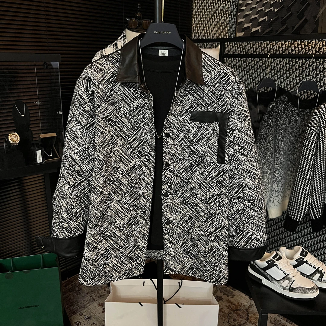 【XGORAD】春秋季格纹设计潮流男士长袖衫黑白撞色拼接皮衣衬衫