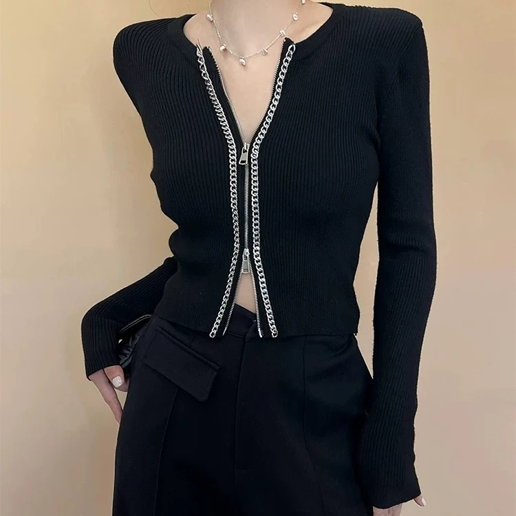 双拉链短款针织开衫v领女2024秋冬季链条坚坑条修身长袖垫肩上衣