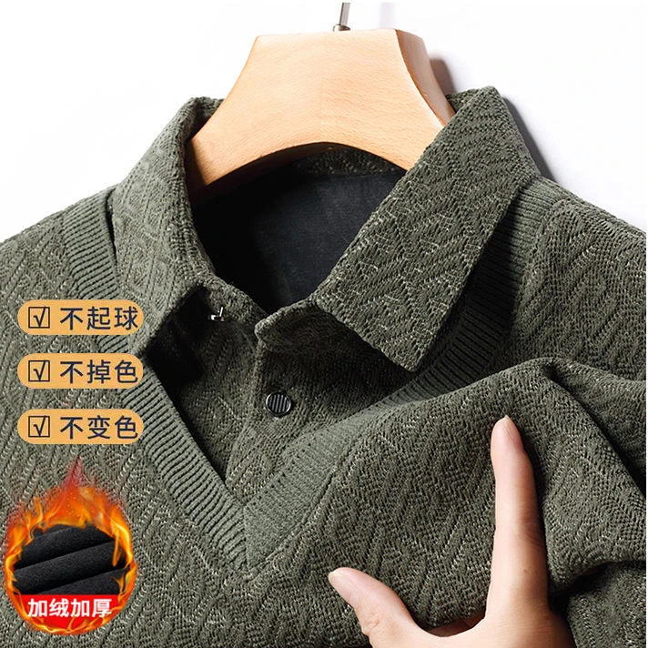男士秋冬季加绒加厚针织衫2023新款休闲上衣男中年翻领长袖假两件