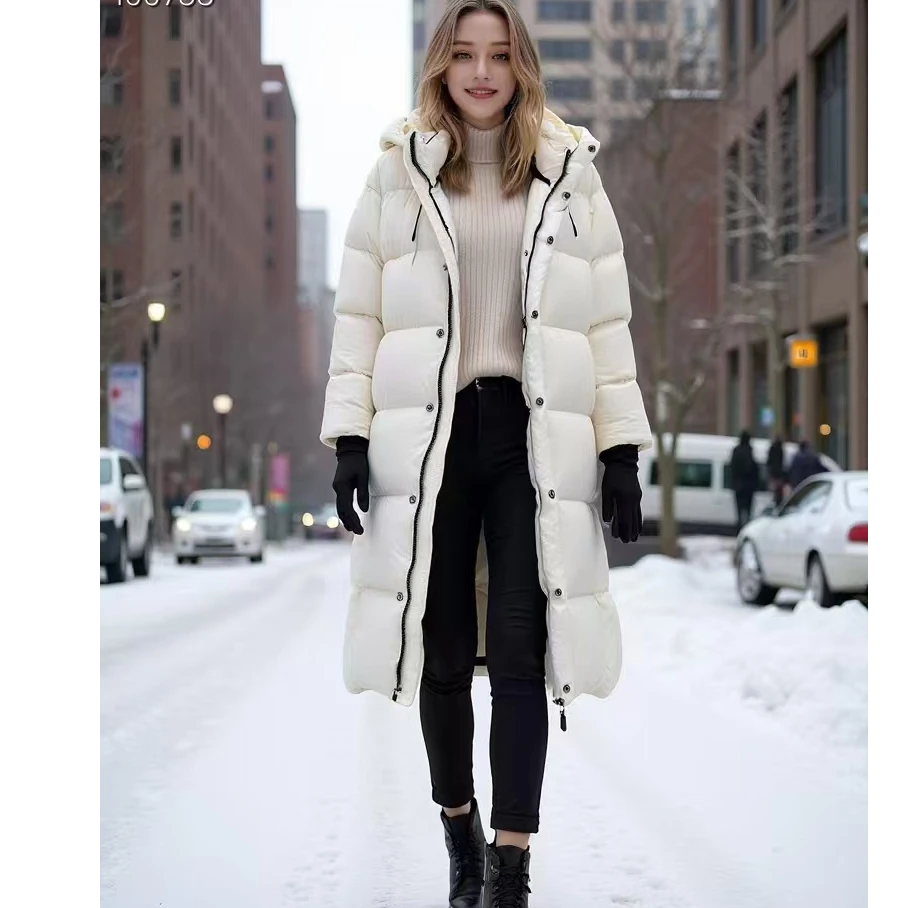 冬季加厚保暖简约大气休闲时尚连帽宽松中长款羽绒服外套【LY】