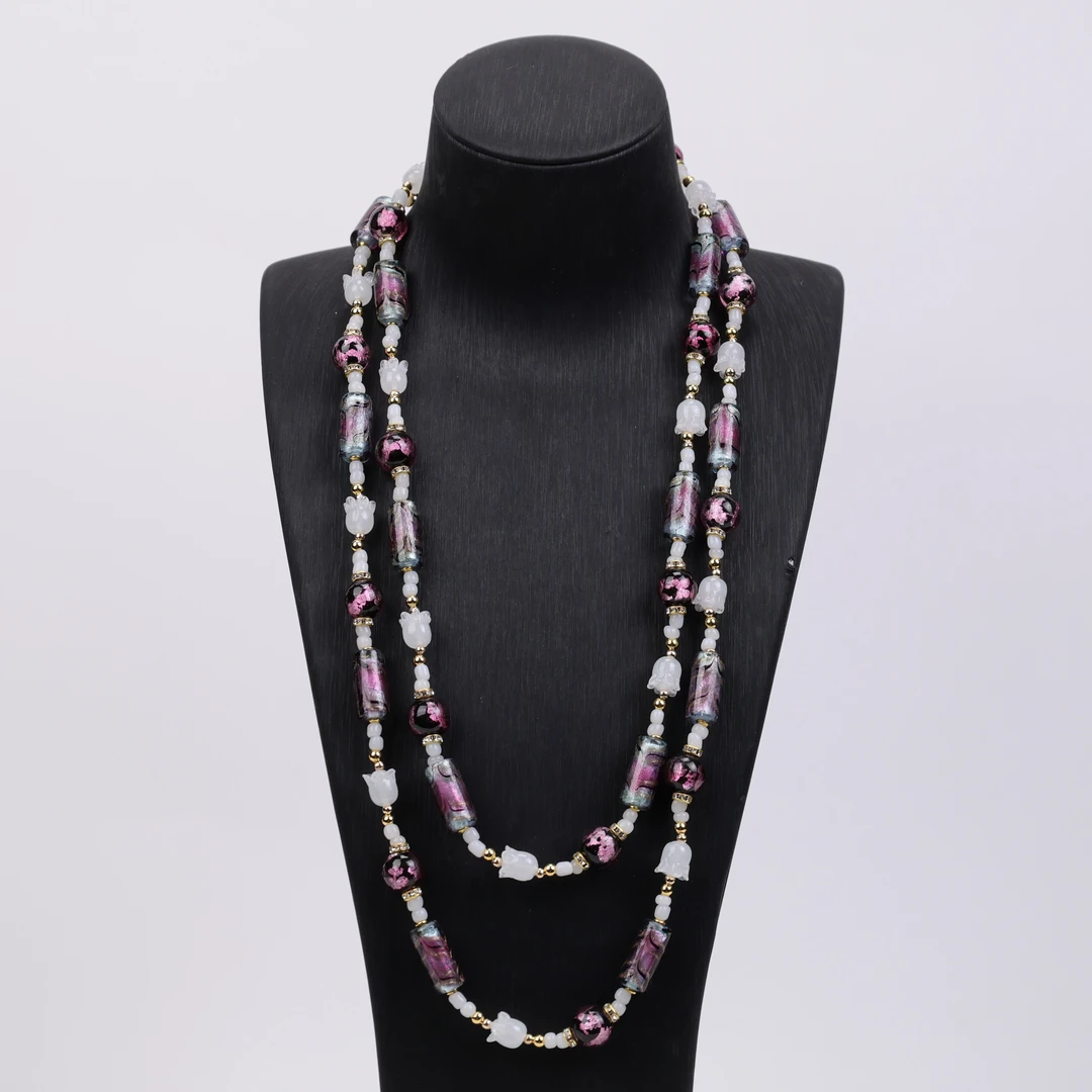 合金项链 LZ1552 金红料紫色银箔圆柱兰玲花琉璃项链128cm