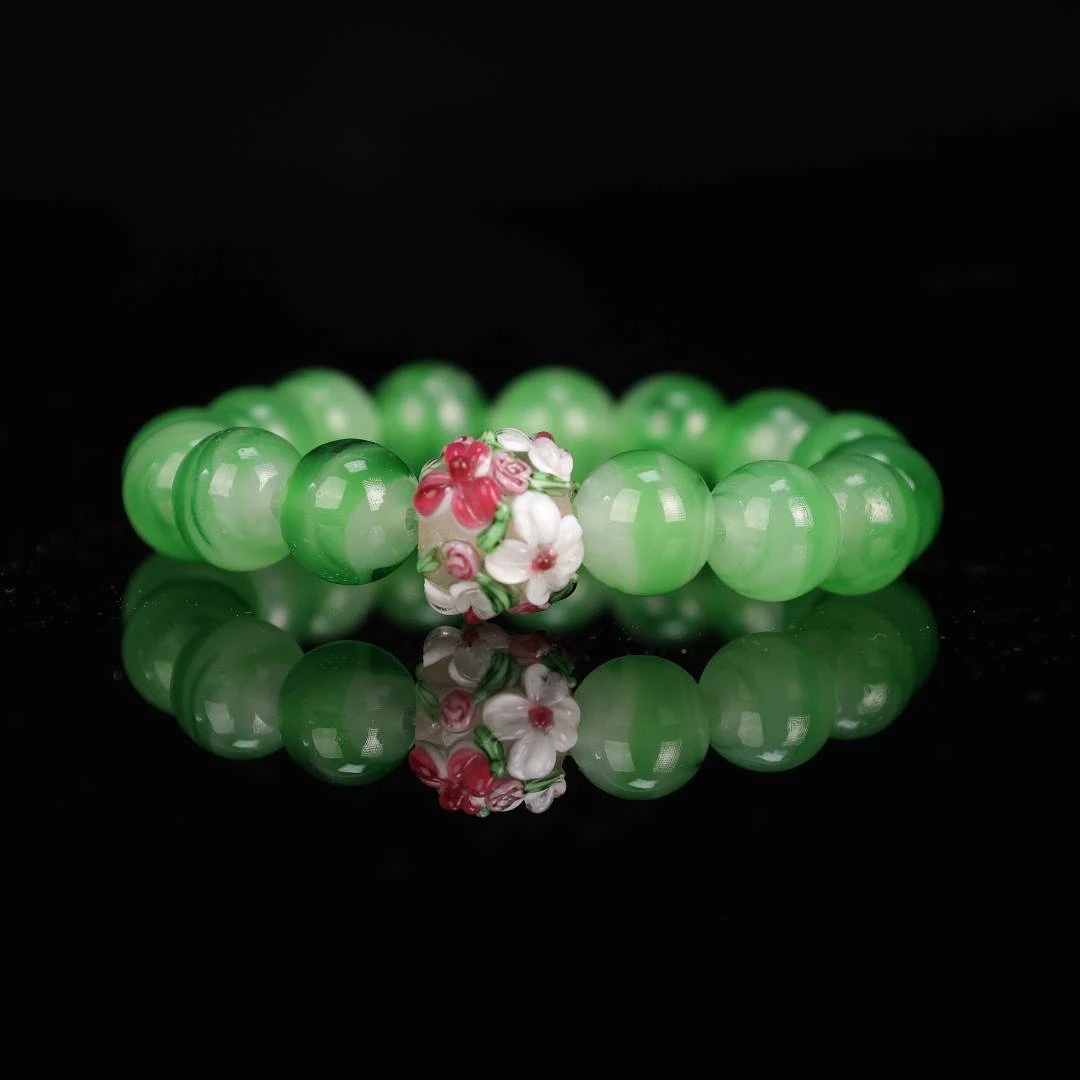 合金手链 SC0092 绿色搅料粉色小花蛋糕琉璃手串
