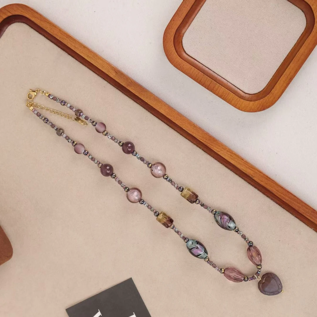 合金项链 LZ2100 紫色爱心金红瓜珠琉璃项链