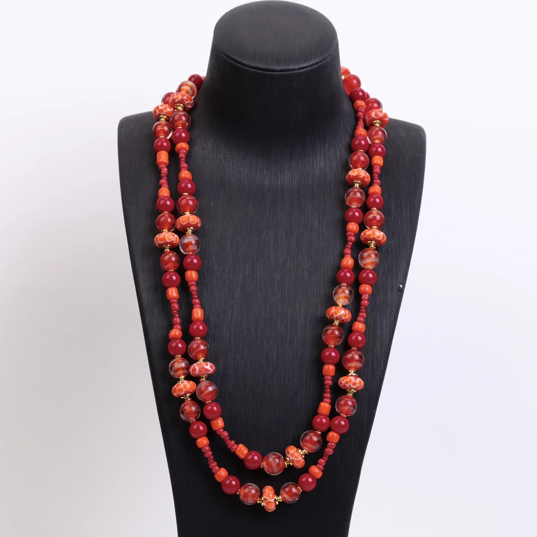 合金项链 LZ1719 橙色转转筒橙色搅料红色小米珠琉璃项链130cm
