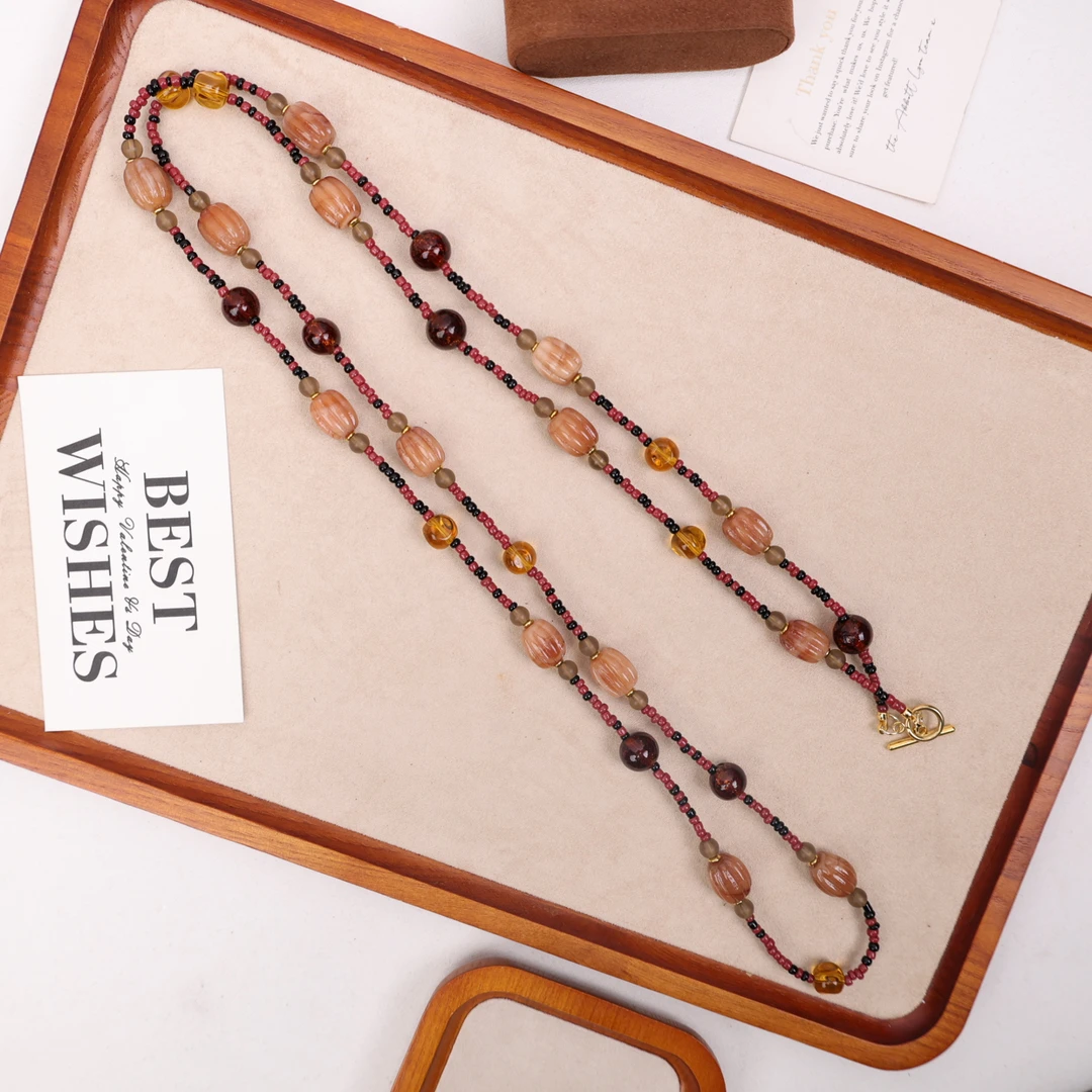 非金属项链 LZ1375  藕粉色南瓜珠流金沙红黑色小米珠琉璃项链