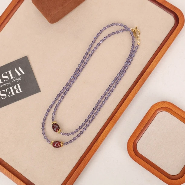 合金项链 LZ2062-2 紫色菱形小米珠红色条纹双层琉璃项链