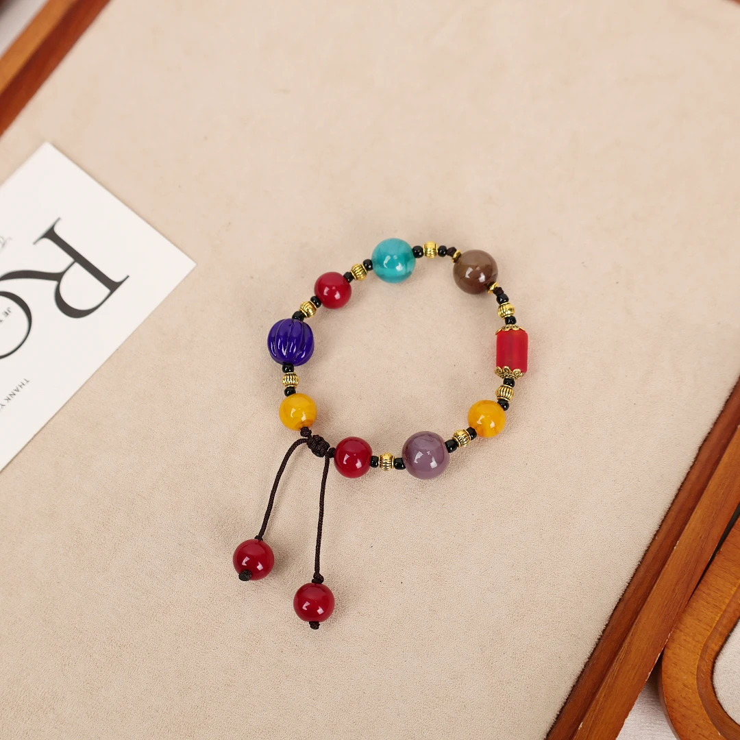 合金手链 LZ2053-1 女娲大地色红色磨砂圆柱多宝琉璃手绳