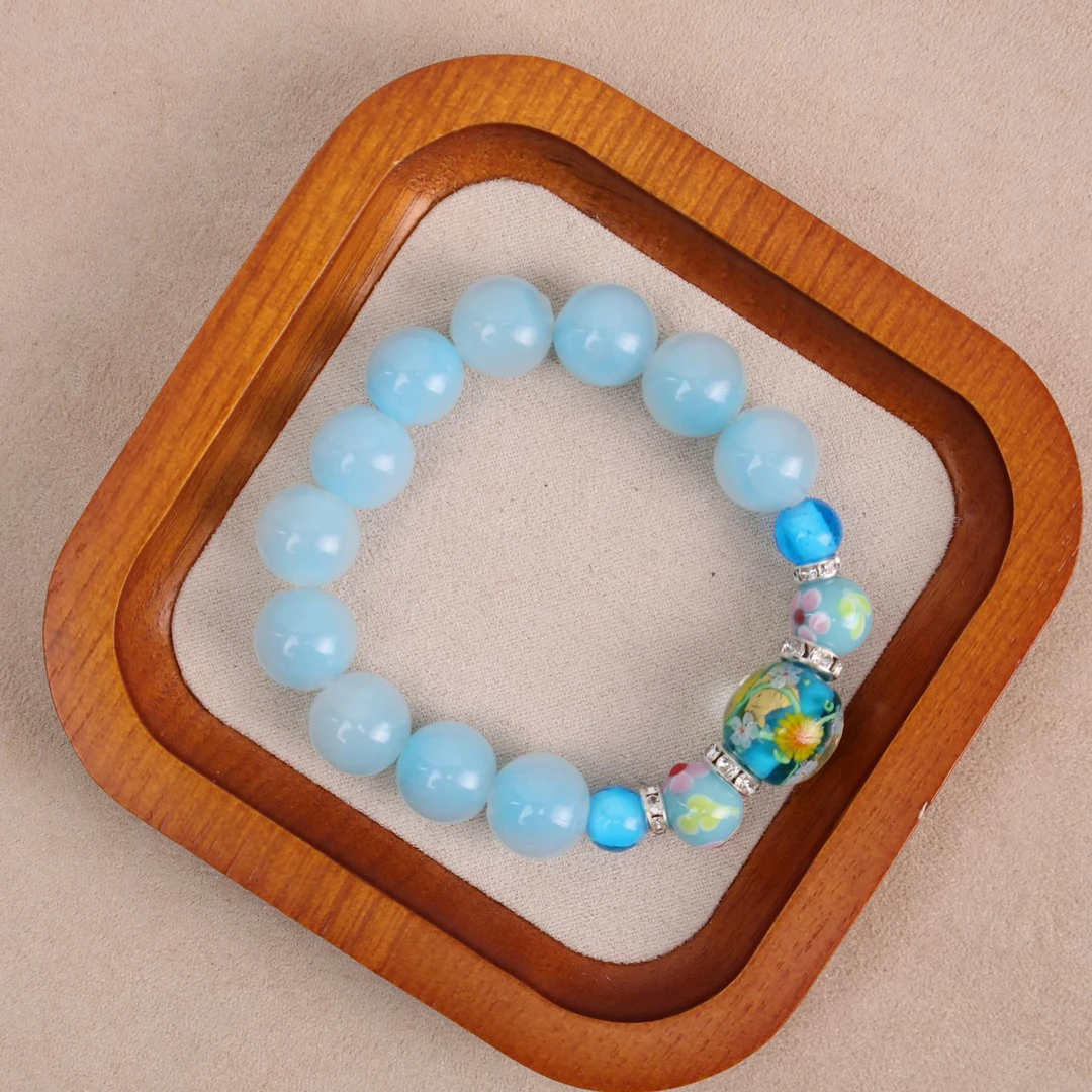 合金手链 LZ1168-1 蓝色套料蓝色银箔小花琉璃手串