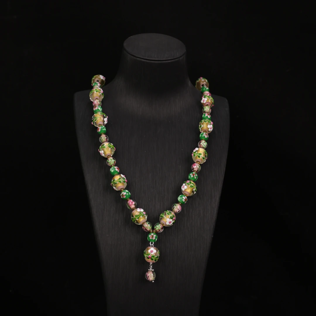 合金项链 LZ0237 黄粉色银箔蛋糕绿色小花琉璃16mm高货项链76cm
