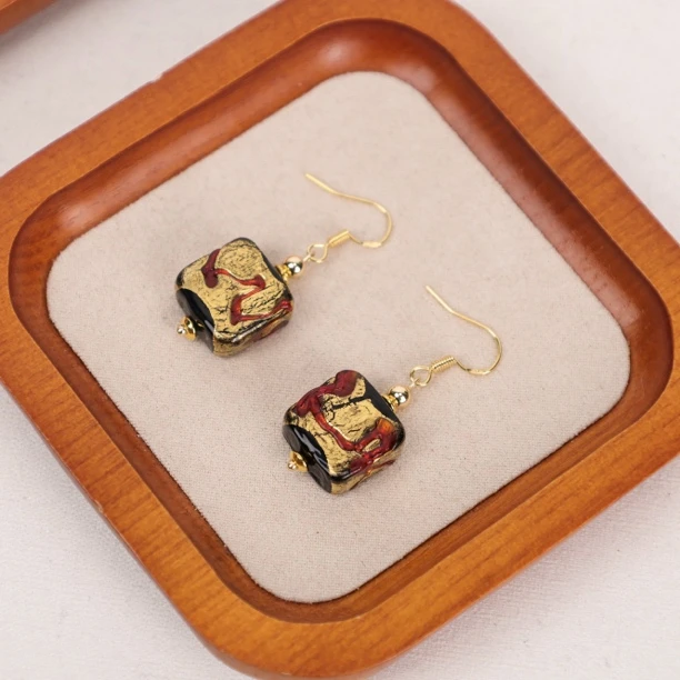 合金耳饰 LZ2159-2 黑金红色方块金箔琉璃耳环