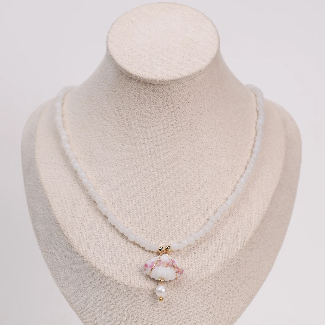 合金项链 LZ1116 粉白贝壳白料小米珠琉璃项链40cm