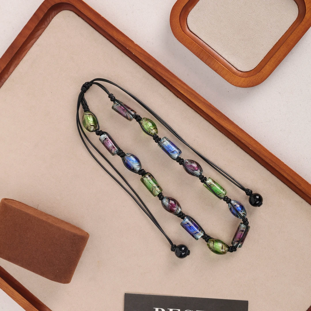 合金项链 LZ1878 彩色银箔圆柱绳编琉璃项链