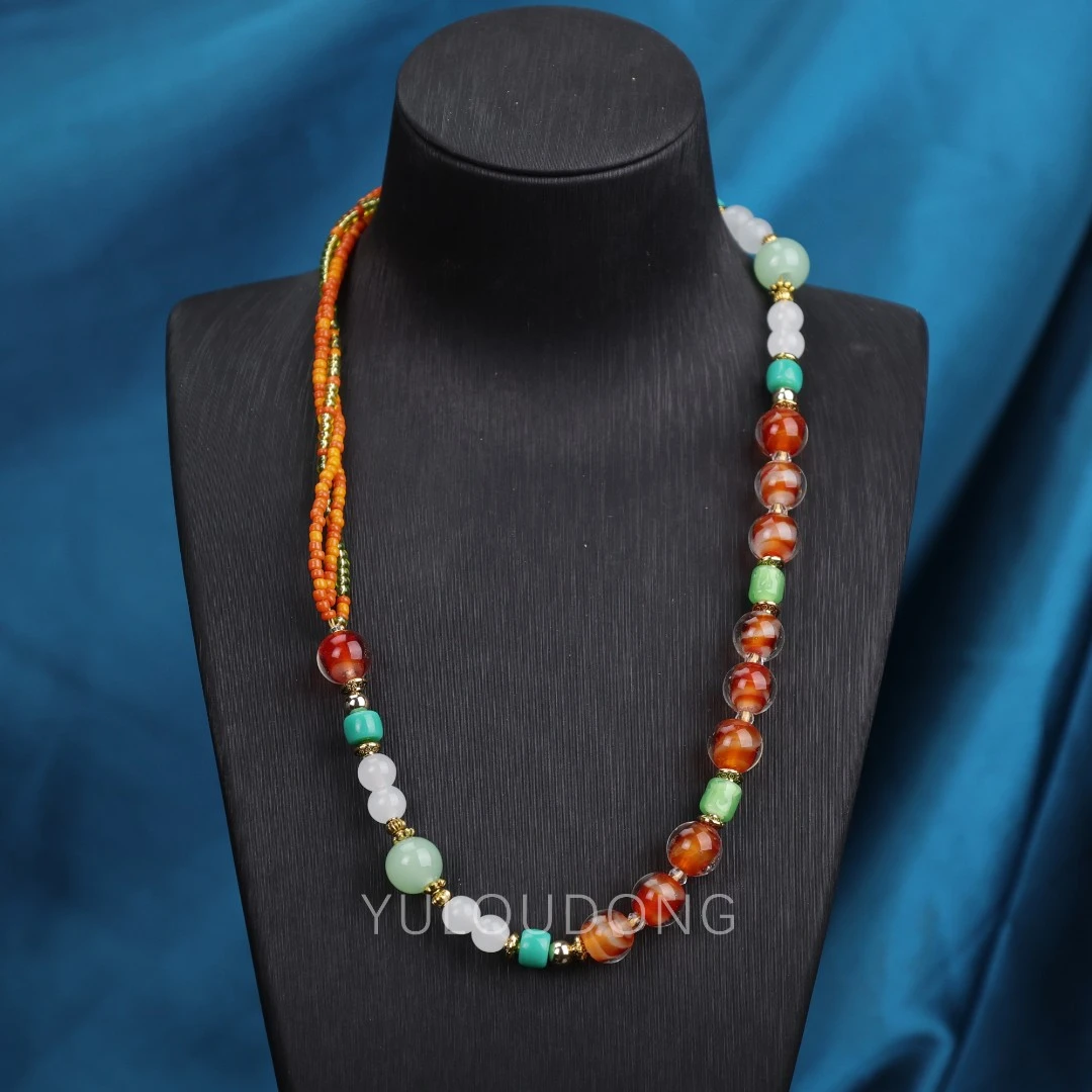 合金项链 XL777 橙色搅料多层缠绕琉璃项链原创设计 ot扣