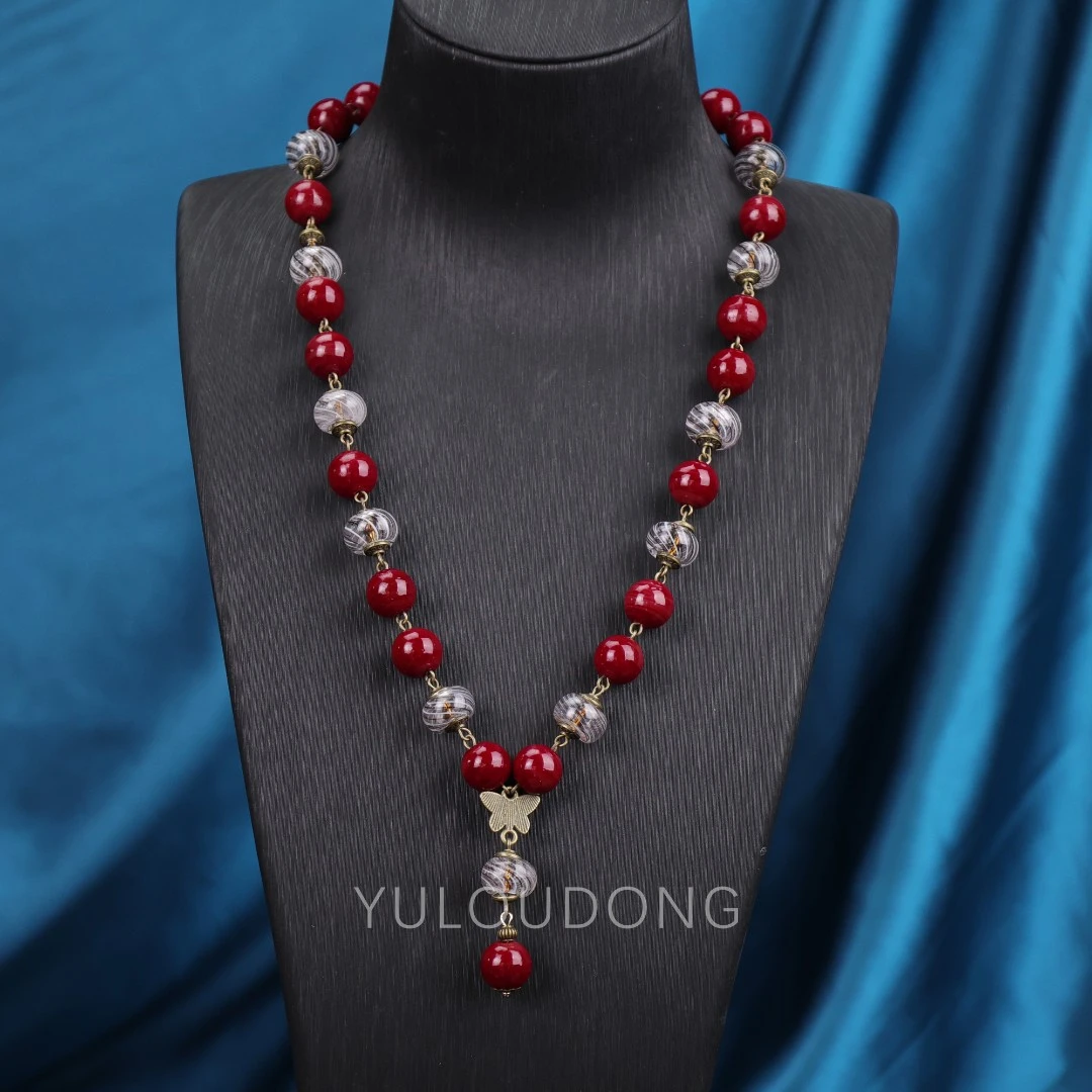 合金项链  XL810 瑕疵 红色空心桶珠琉璃项链
