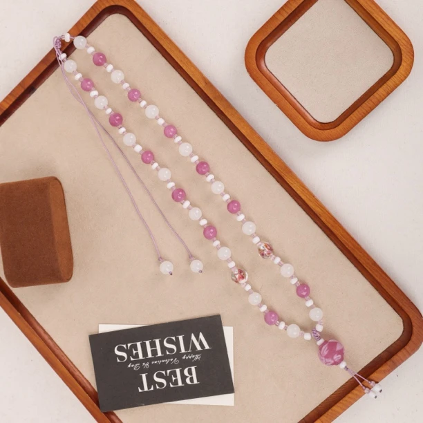 合金项链 LZ2164粉色雕刻珠白料冰透玫瑰花绳编琉璃项链