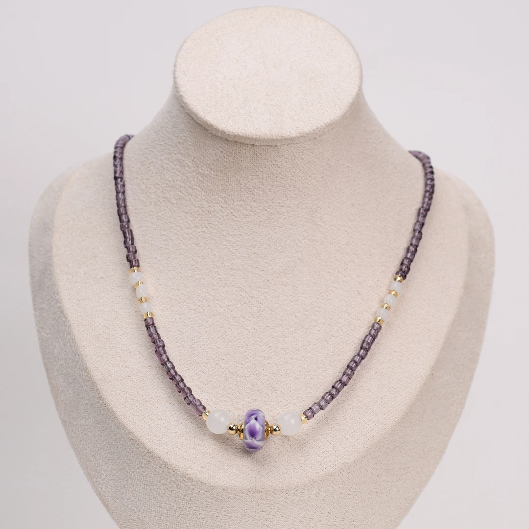 合金项链 LZ1124 紫色小米珠紫色小花转转筒琉璃项链41cm