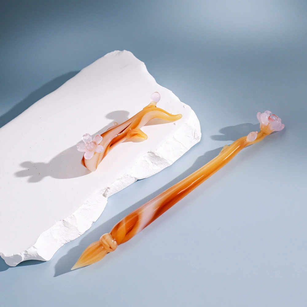 H1196  咖色琉璃笔摆件笔+笔托+墨水+礼盒