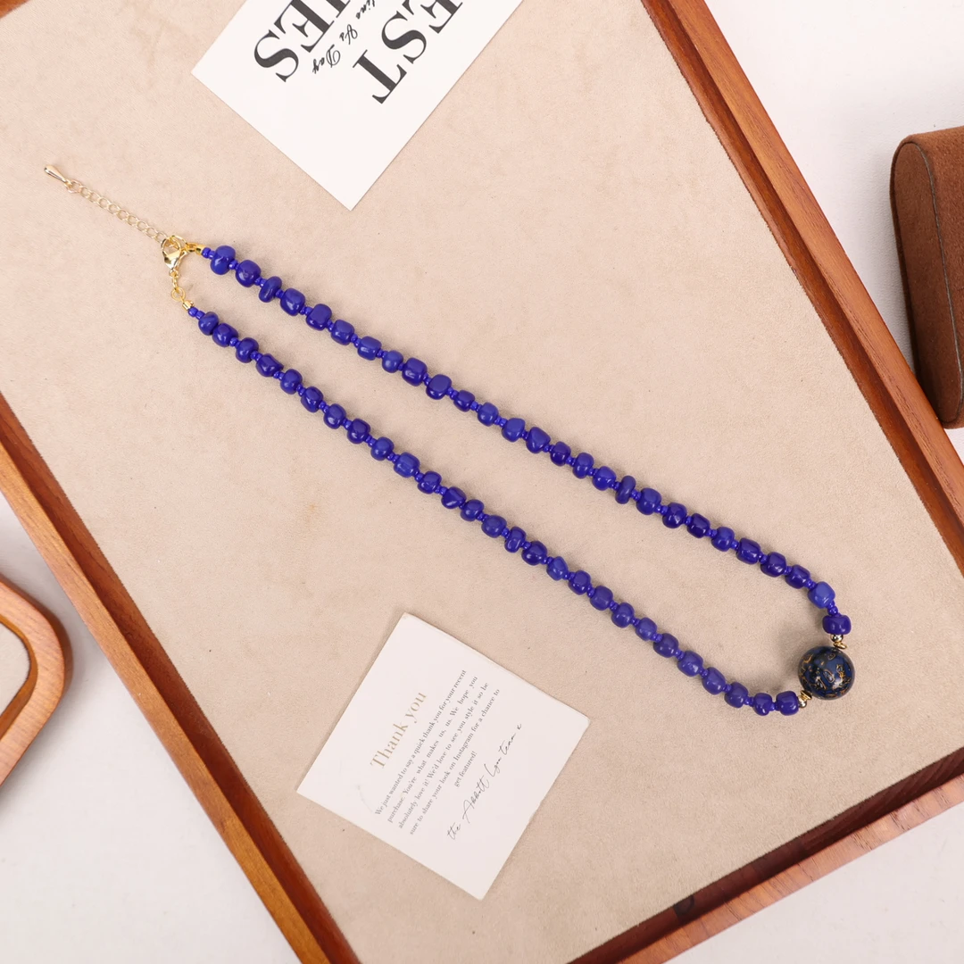 非金属项链 LZ1367 蓝色大漆克莱茵蓝小米珠琉璃项链43.5cm